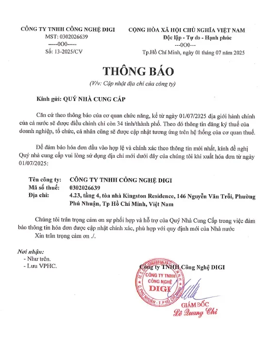 Thông báo cập nhật địa chỉ công ty DIGI