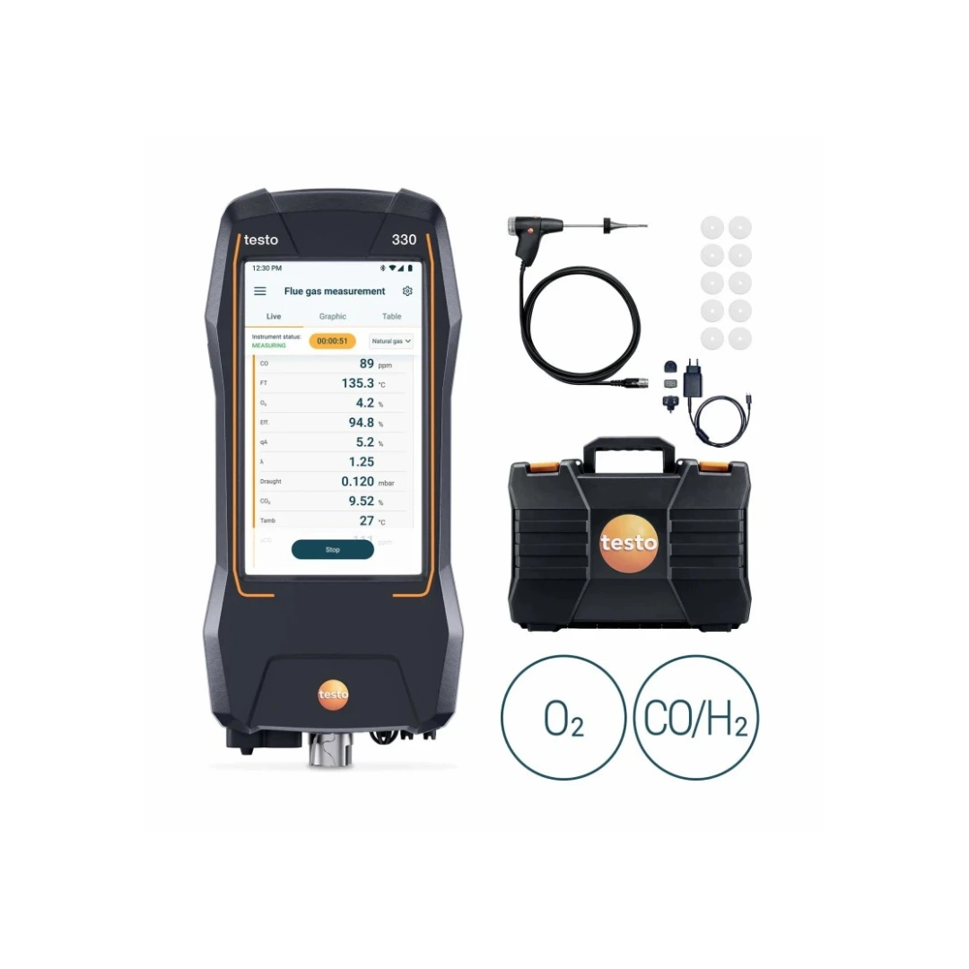 Máy phân tích khí thải nâng cao testo 330 với cảm biến O₂ và COH₂