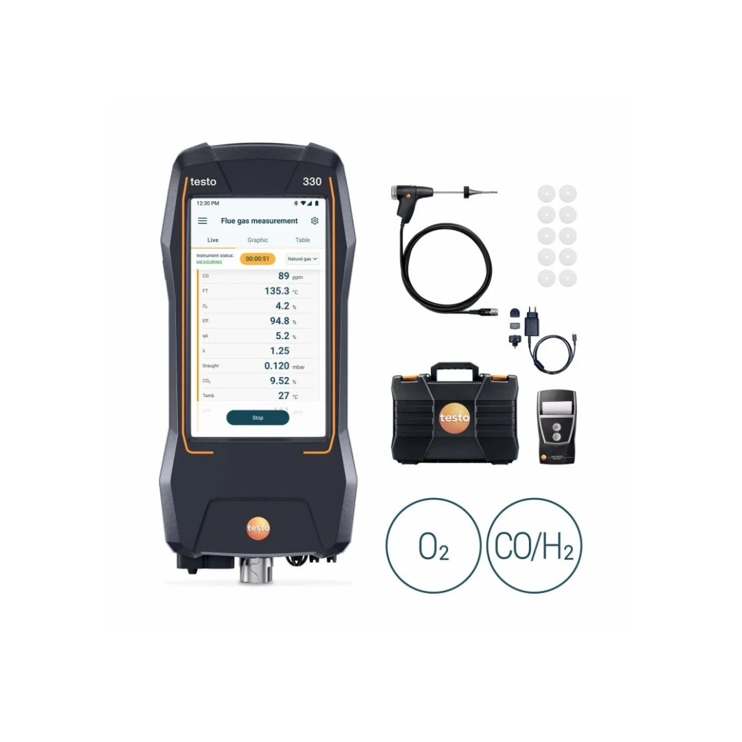 Máy phân tích khí thải nâng cao với cảm biến O₂ và CO/H₂, kèm máy in Bluetooth - testo 330
